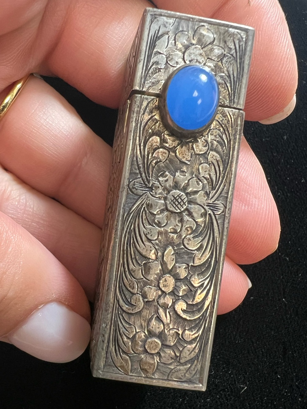 Antique 800 Silver Floral Engraved Lipstick Compact with Blue Cabochon Accent